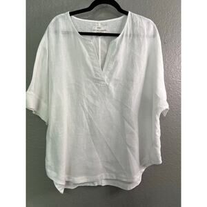 M&S Popover Blouse Top 18 White Pure‎ Linen Short Sleeve V-Neck Coastal Summer